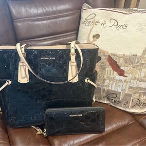 Michael Kors Black Patent Tote with Beige Handles & Matching Wallet